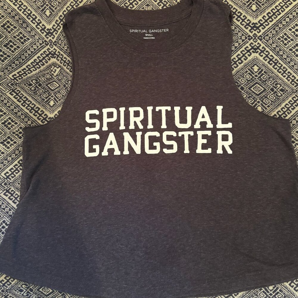 Spiritual Gangster women's tank top gray crop varsity white logo Sz Small